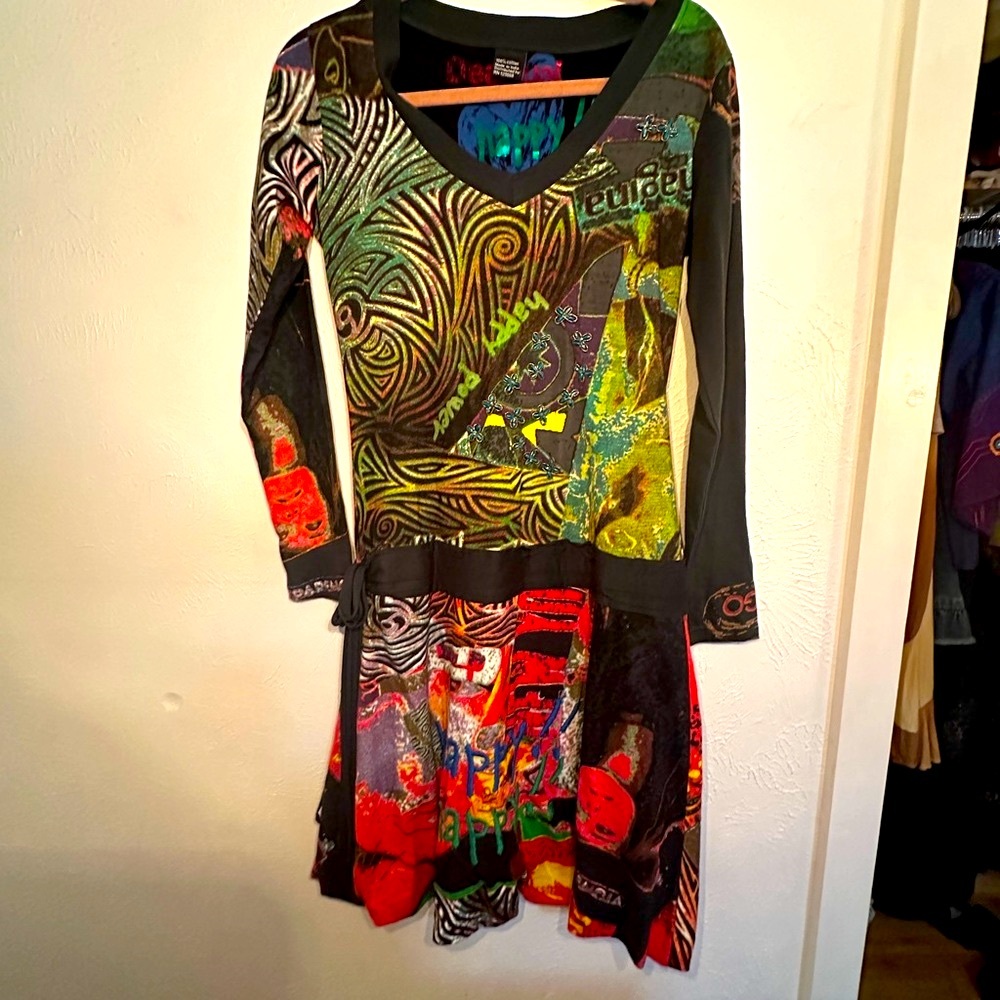 Desigual Medium Long Sleeve Sweater Dress 100% Cotton Abstract Multicolor Drop